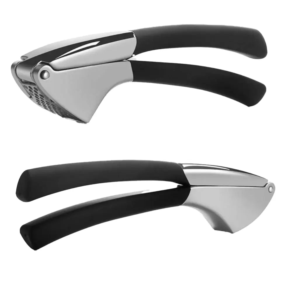 Stainless steel garlic press mincer with black non-slip handles, shown closed and side view on a white background.