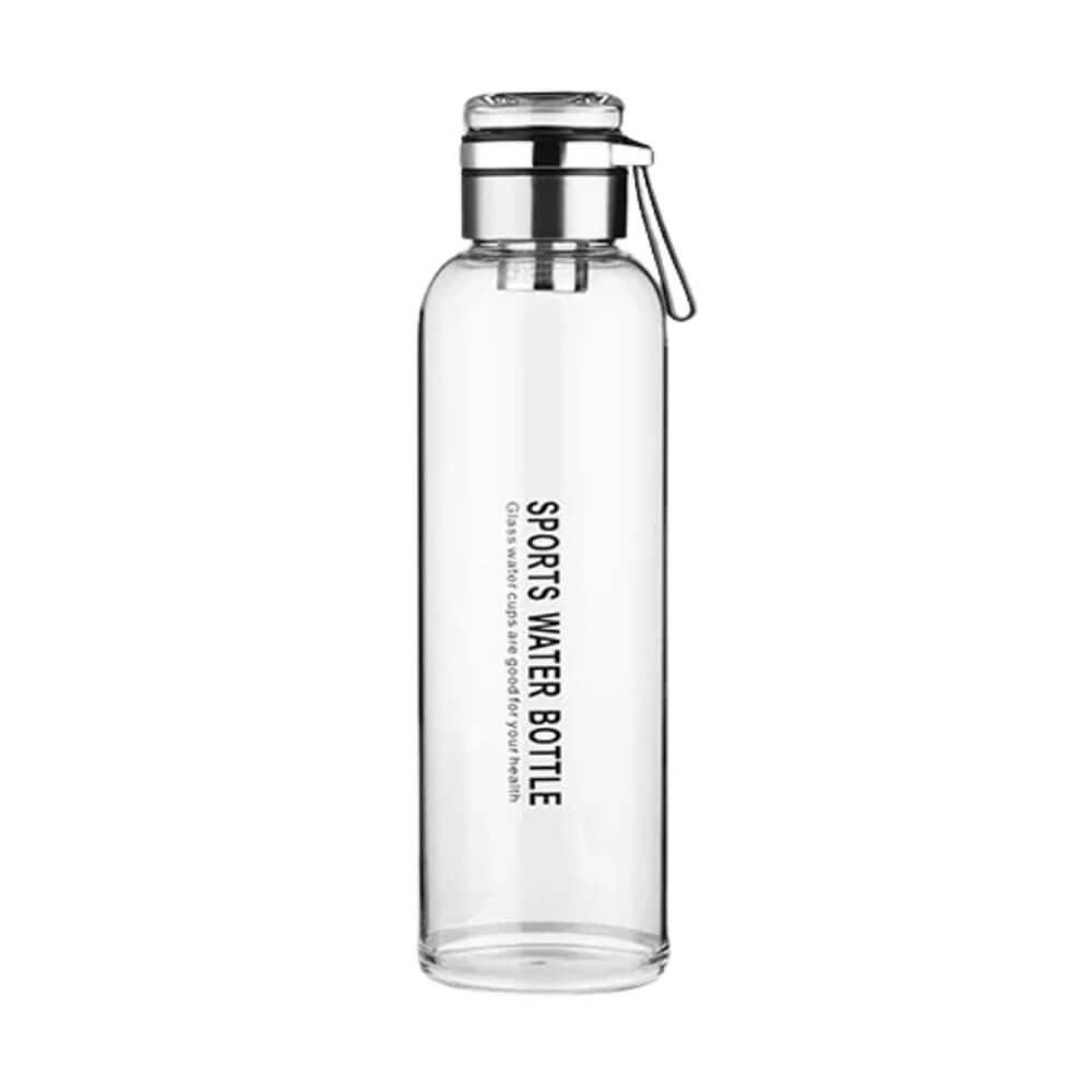 A transparent glass sports water bottle with a stainless steel leakproof lid and a side carrying strap, featuring a minimalist design and black printed text on the front, displayed against a white background.