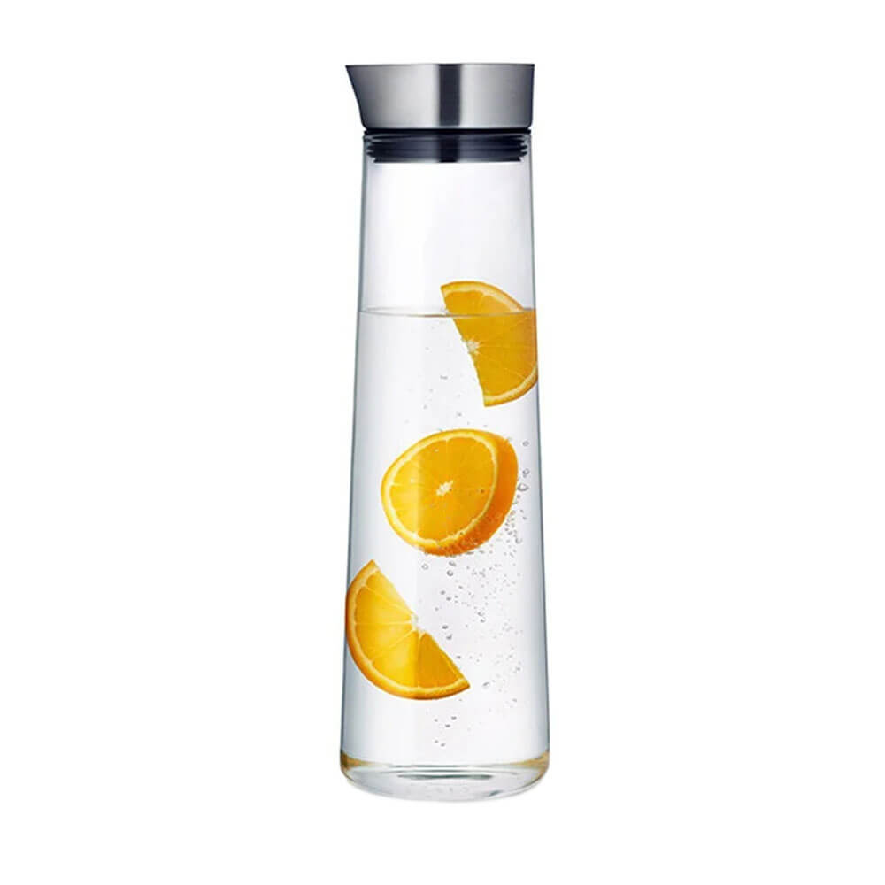A 1-liter glass water bottle with a sleek, tapered design filled with water and orange slices. It features a stainless steel leakproof lid and clear, durable glass for a clean, modern look.