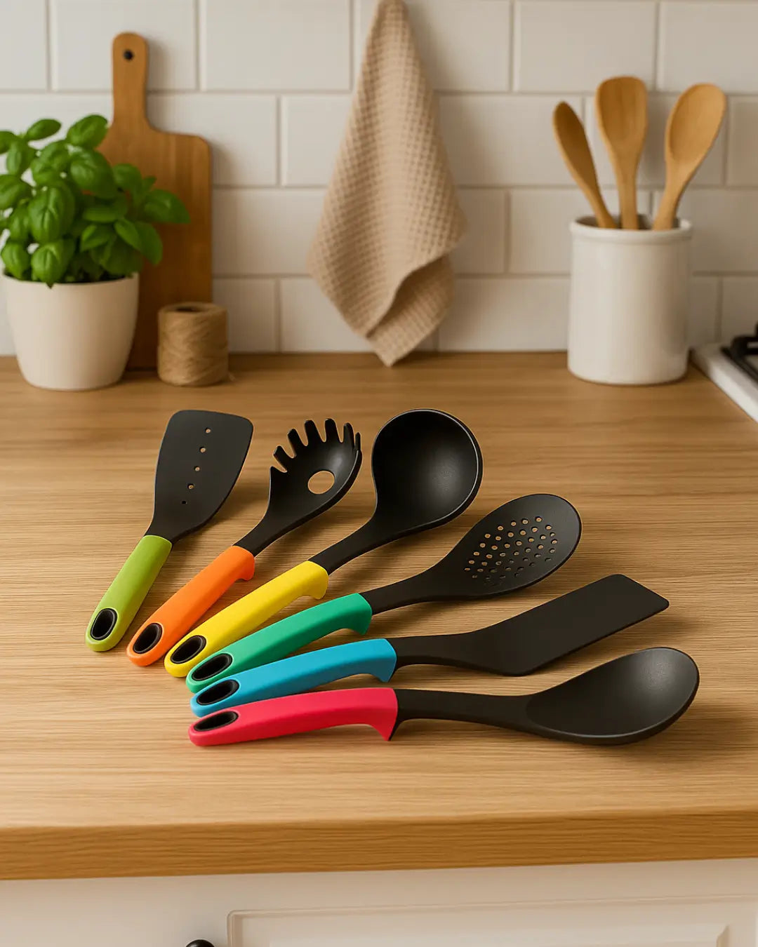 Colorful kitchen utensils on a wooden countertop with a kitchen background.