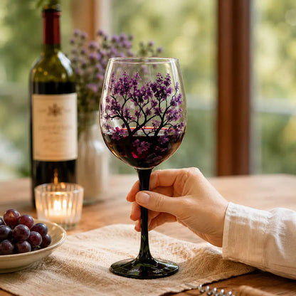 Goblet cocktail glass with a hand-painted purple tree design, filled with red wine and held above a dining table setting.
