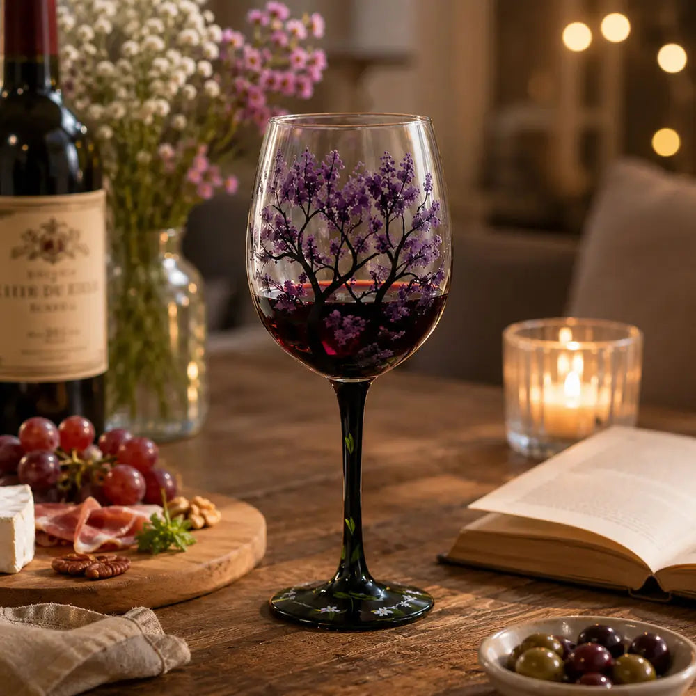 Goblets and wine glasses featuring a hand-painted purple tree design, displayed with red wine on a dining table.