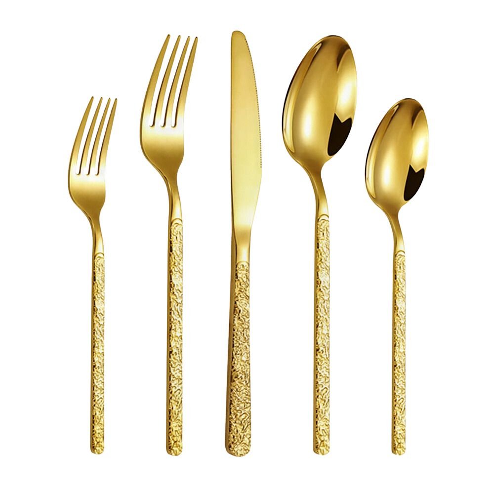 Gold flatware, 5 pieces: includes dinner fork, salad fork, dinner knife, soup spoon, and teaspoon.