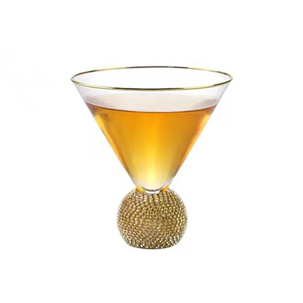 Elegant gold rimmed glass with jeweled base and diamond-embedded jewel ball, perfect for luxurious sipping.