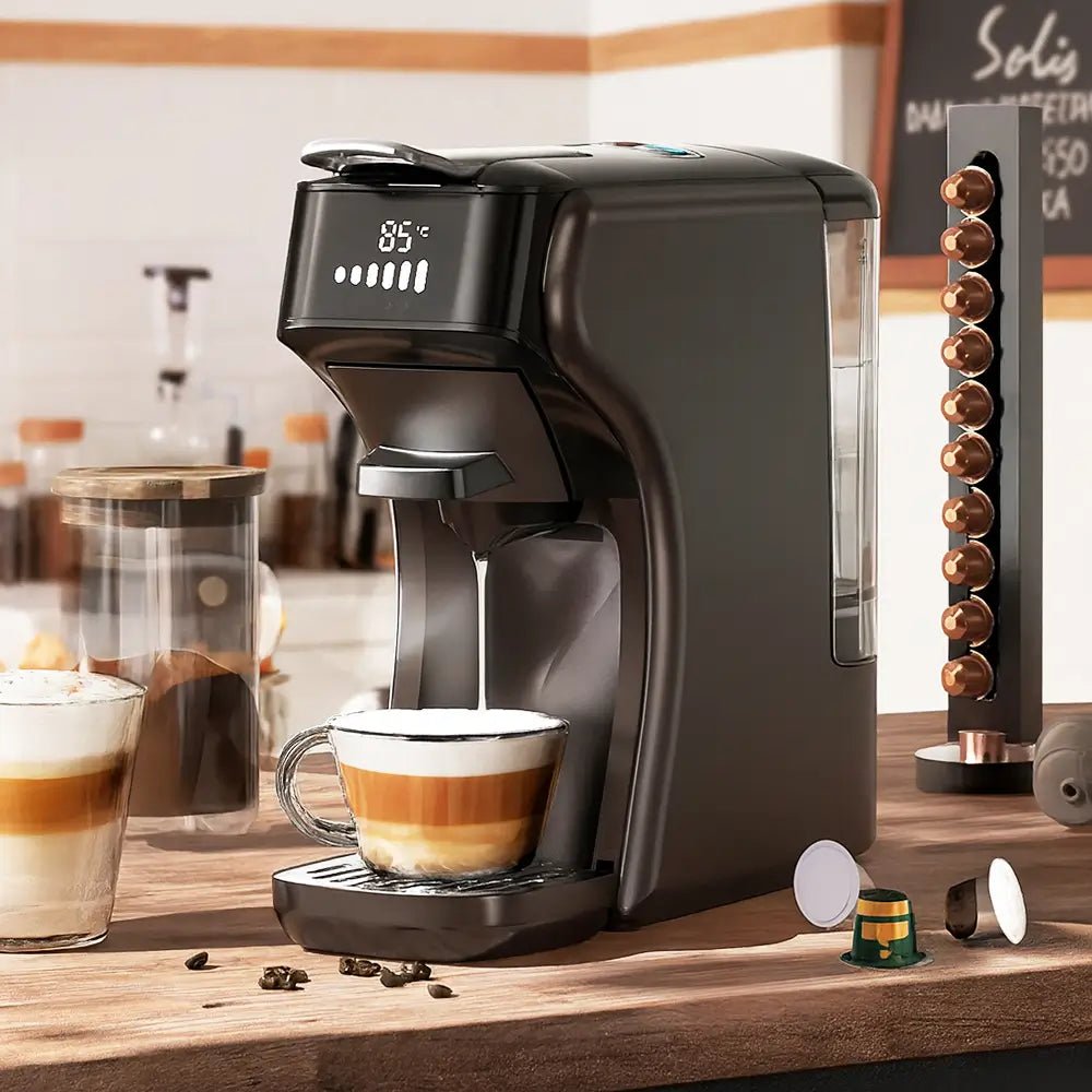 Coffee machine dispensing a cup of coffee on a wooden counter with a blurred background.