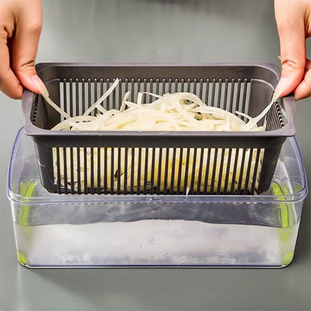 Grater for vegetables with a draining basket used to drain potatoes, providing easy prep and cleanup.