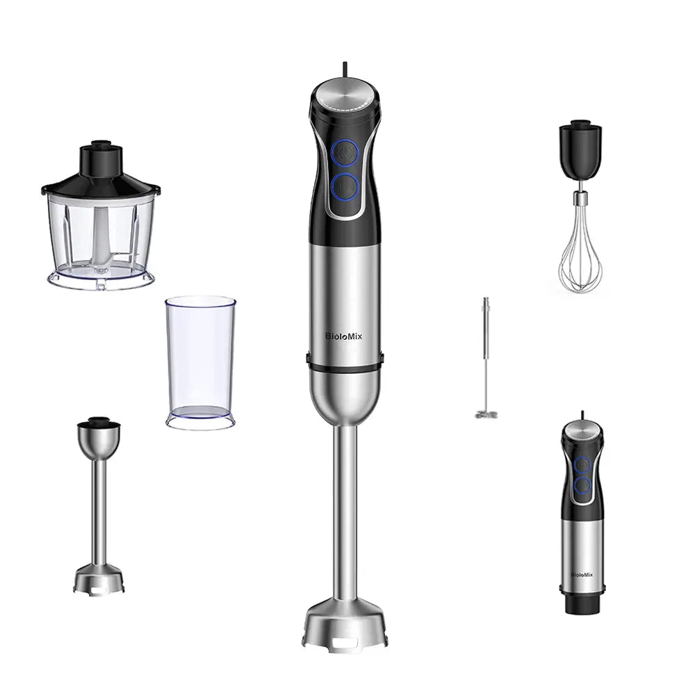 Hand blender with various attachments on a white background.