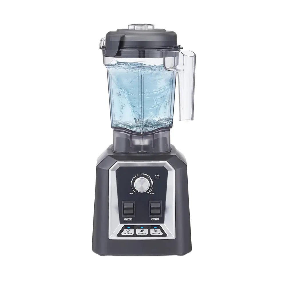 Heavy-duty blender with a clear container filled with a liquid on a white background.
