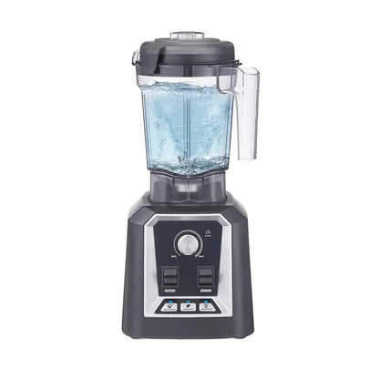 Heavy-duty blender with a clear container filled with a liquid on a white background.
