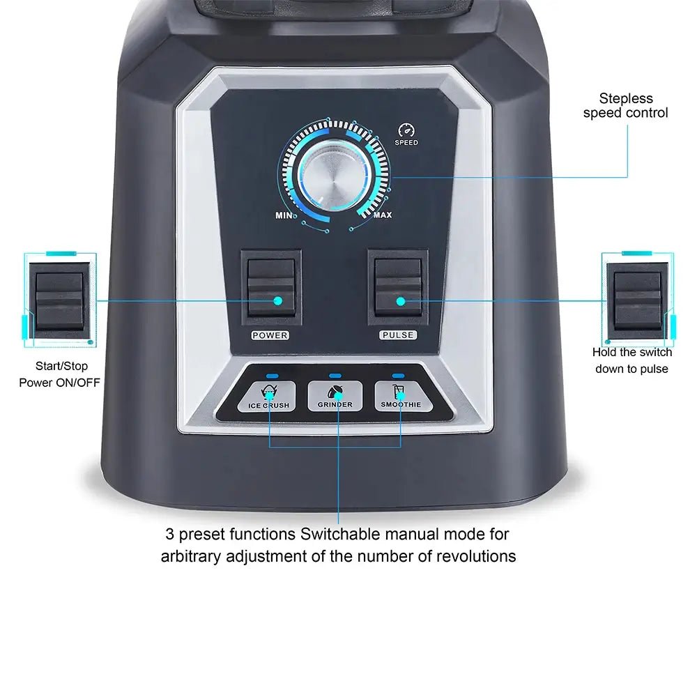 Close-up of Biolomix blender base with stepless speed dial, power and pulse switches, and preset buttons for ice crush, grinder, and smoothie.