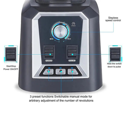 Close-up of Biolomix blender base with stepless speed dial, power and pulse switches, and preset buttons for ice crush, grinder, and smoothie.