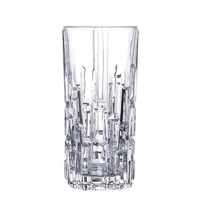 Crystal highball glass with geometric design on a white background.