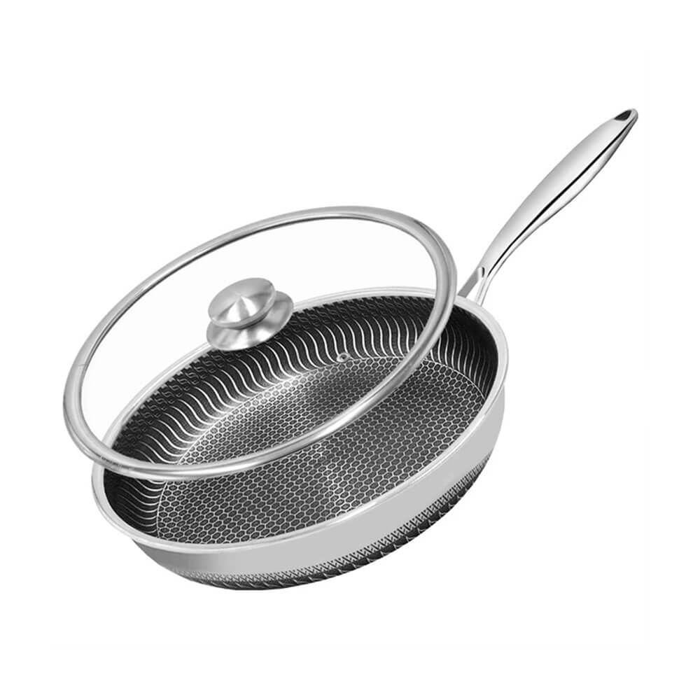 Honeycomb fry pan with non-stick hex surface and glass lid, featuring ergonomic handle and stainless steel body for even heat cooking.
