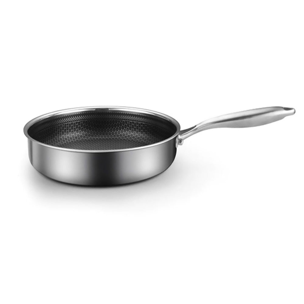 A stainless steel honeycomb fry pan with a stay-cool handle and a nonstick surface.