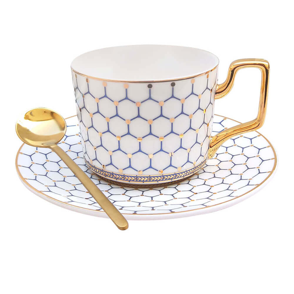 Elegant honeycomb tea cups and saucers featuring a gold-accented handle, matching saucer, and delicate honeycomb pattern, perfect for a luxurious tea experience.