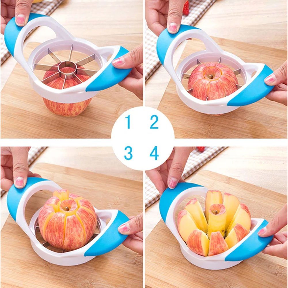 A step-by-step guide demonstrates how to slice apples using an apple slicer, cutting them into even wedges with minimal effort.