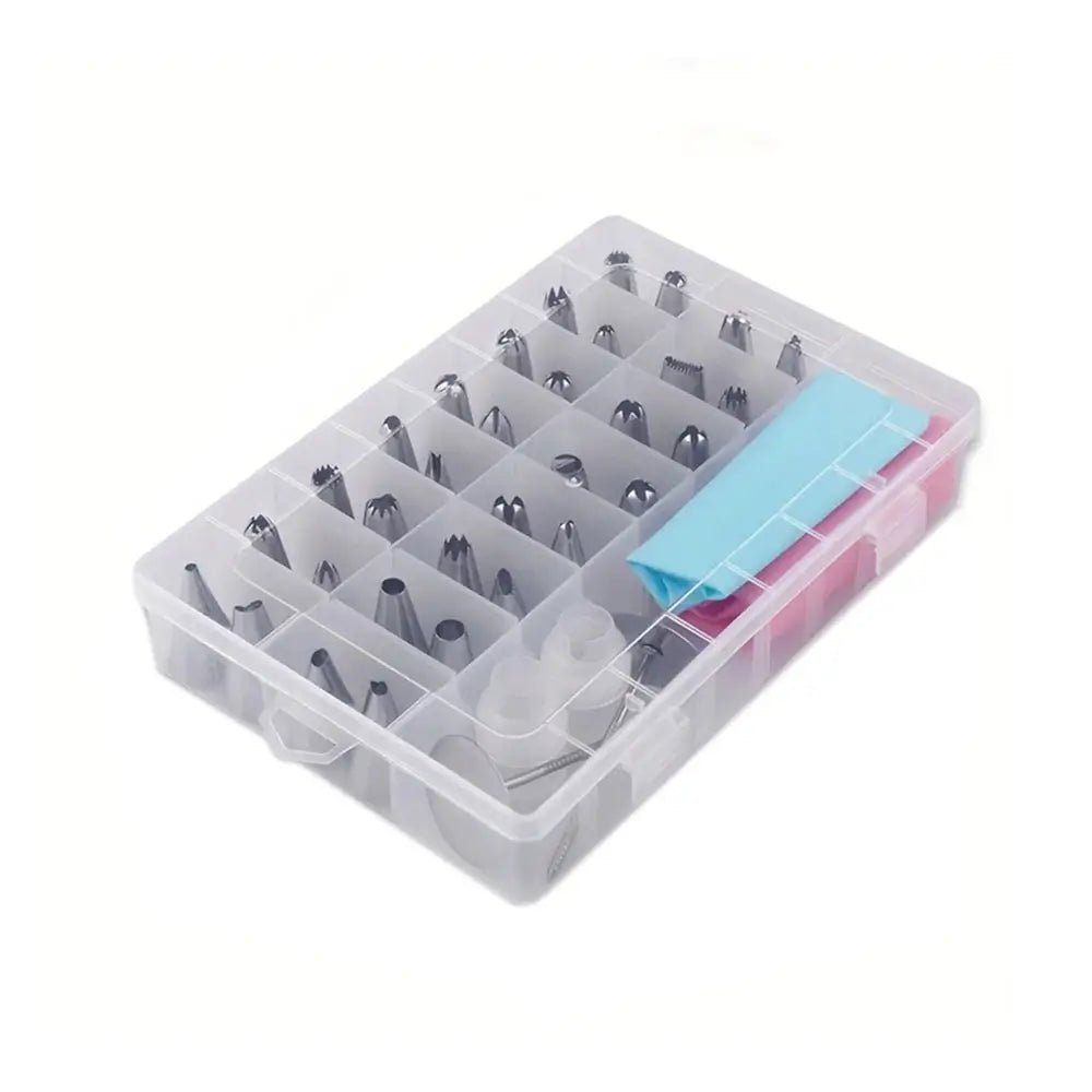 Icing decorating set with stainless steel piping tips, reusable bags, and couplers neatly organized in a clear storage box.