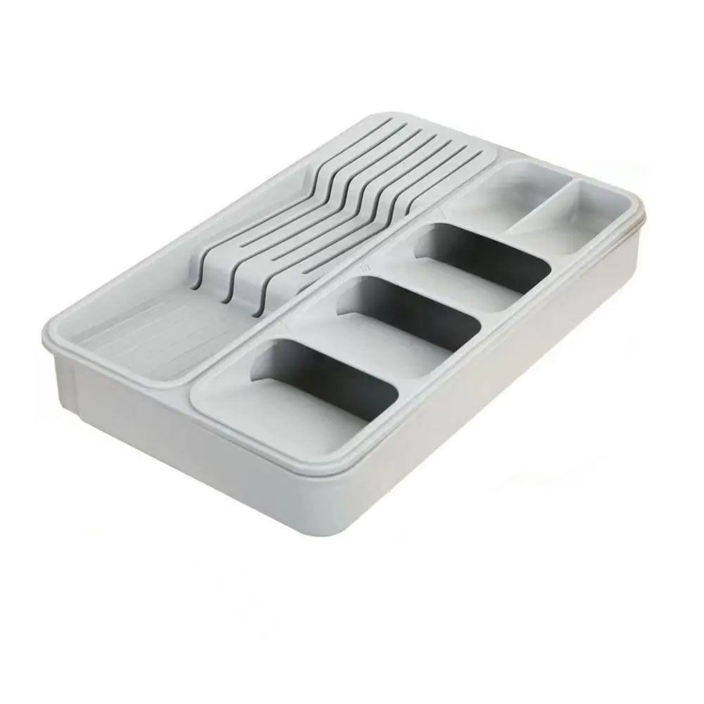 In-drawer organizer with compartments for cutlery and utensils, designed for efficient kitchen storage.