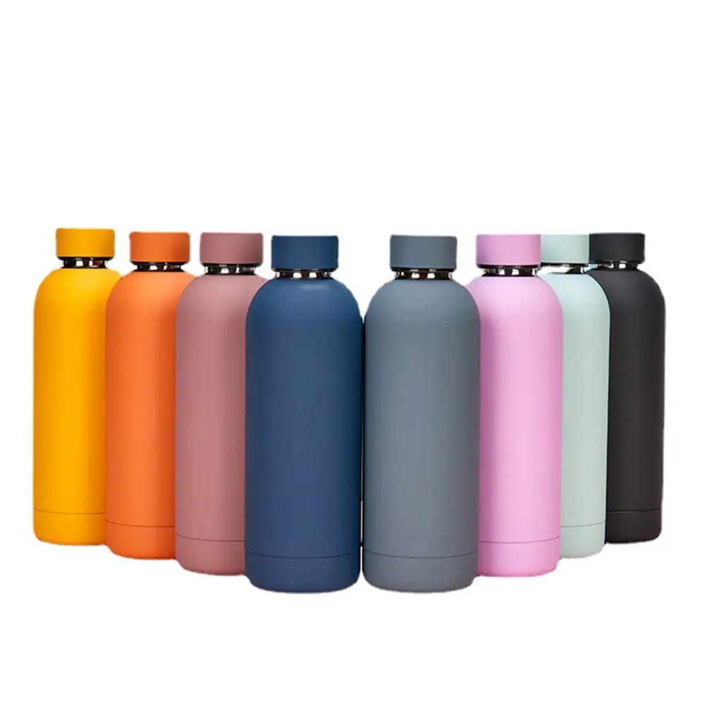 Set of colorful insulated bottles on a white background.