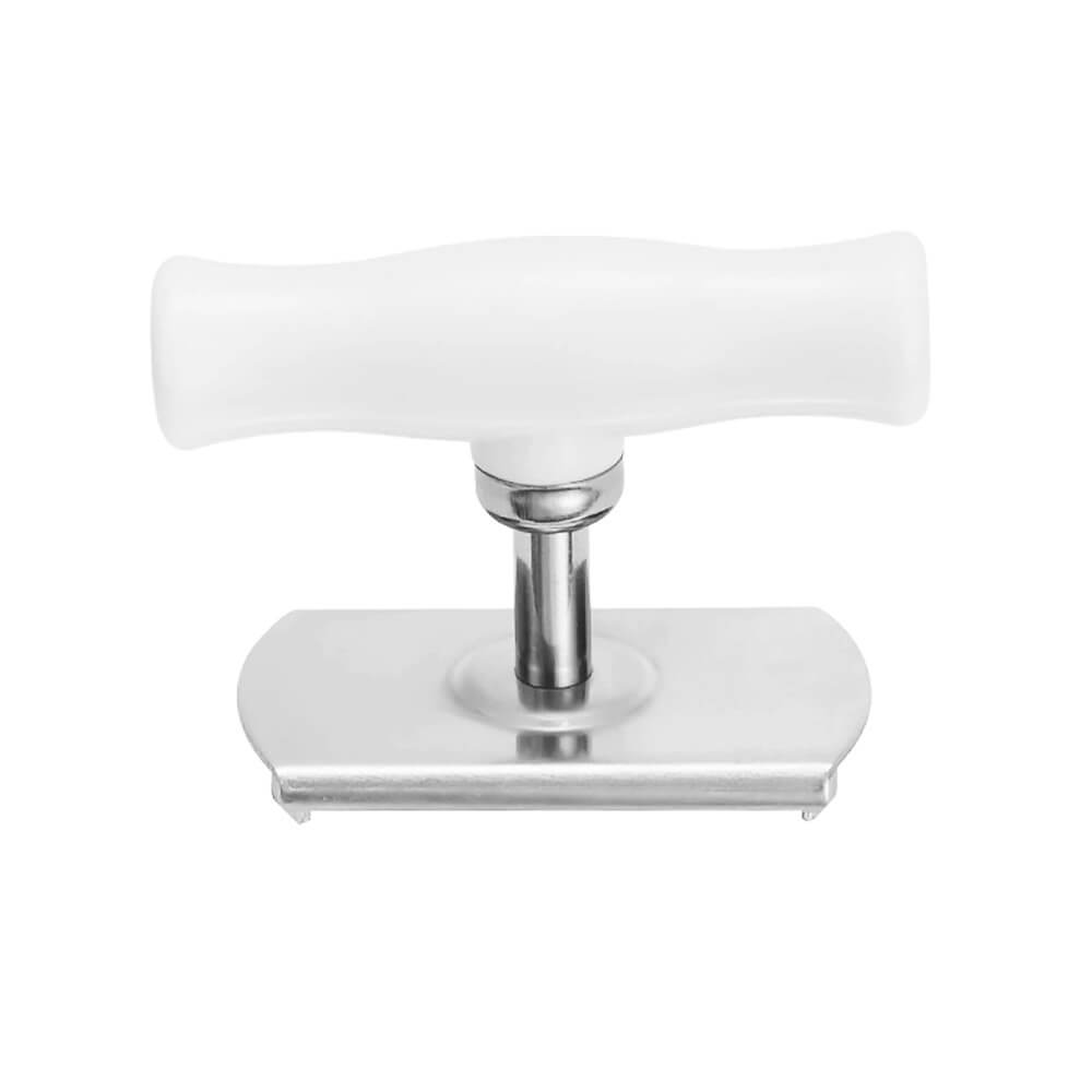 White-handled stainless steel jar opener with a wide grip and adjustable clamp, designed for securely gripping and twisting jar lids.