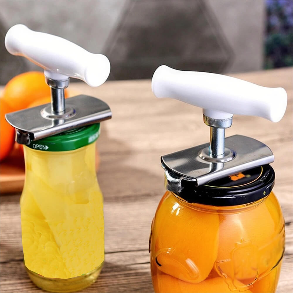 Two jar openers for arthritis in use, each gripping a jar lid with ergonomic white handles and stainless steel clamps, shown opening jars of preserved fruit.