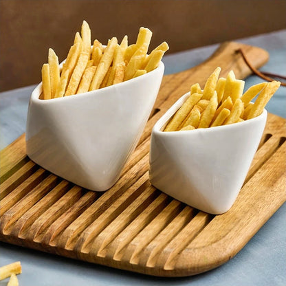 Two KFC French fry bowls filled with crispy fries showcasing a modern ceramic design for fun dining moments.