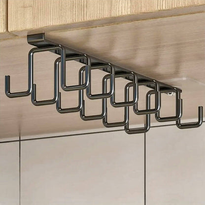 Black kitchen cabinet racks mounted under a wooden shelf, featuring multiple durable hooks ideal for organizing mugs, utensils, and tools in a modern kitchen.