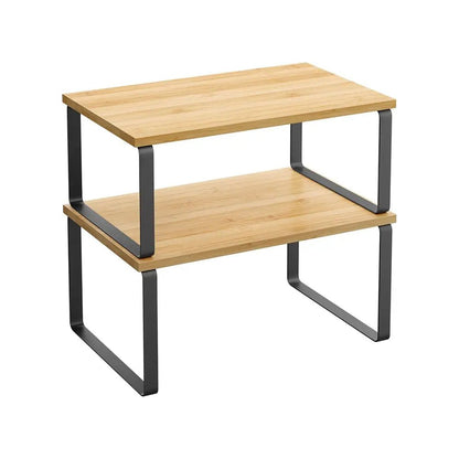 Kitchen rack with two bamboo shelves and a black metal frame stacked vertically.