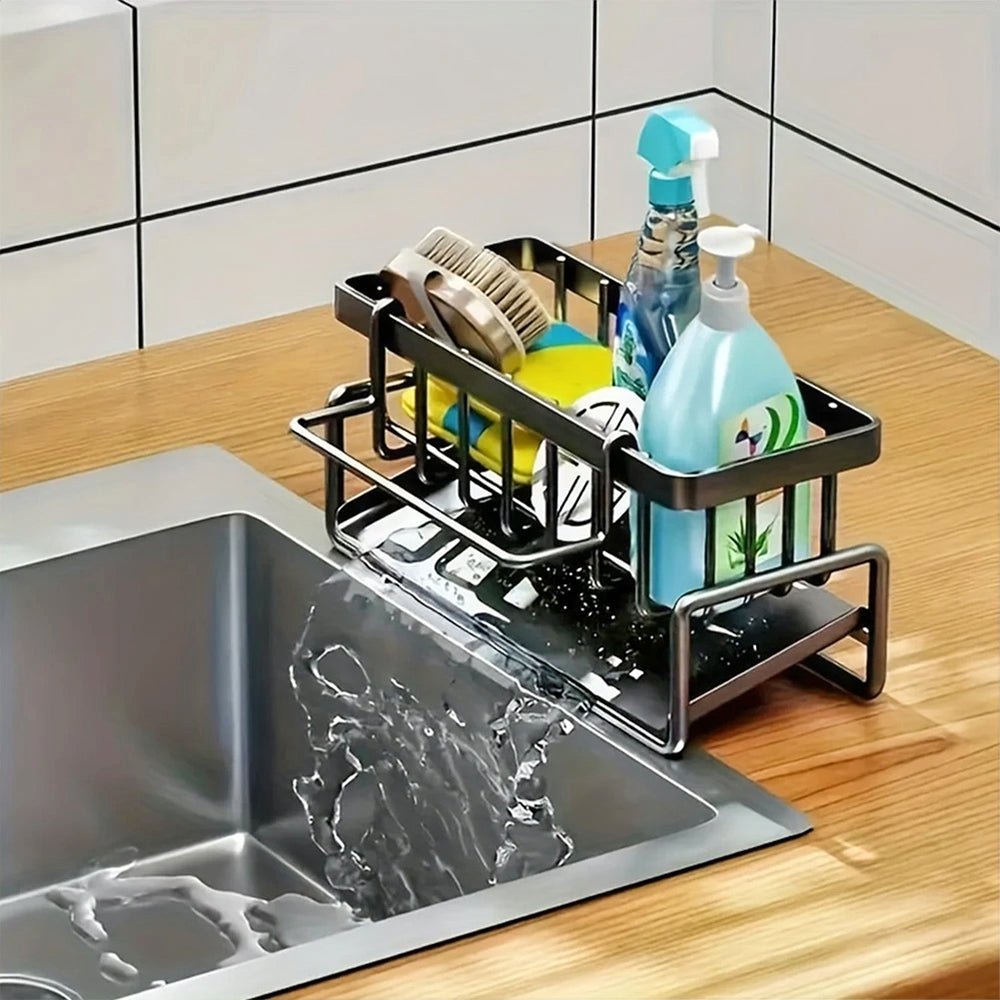 Black kitchen sink caddy with a sloped, self-draining base to keep water at the sink and your space tidy.