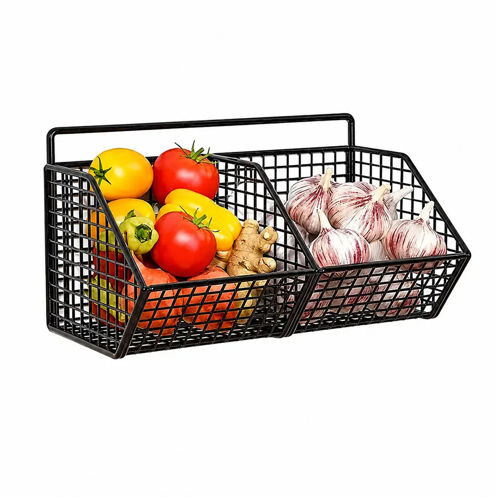 Kitchen storage wire baskets with two wall-mounted compartments for vegetables, garlic, and pantry essentials.