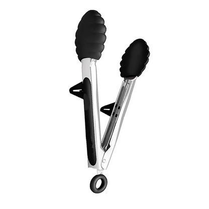 Black silicone tongs with silicone tips on a white background.