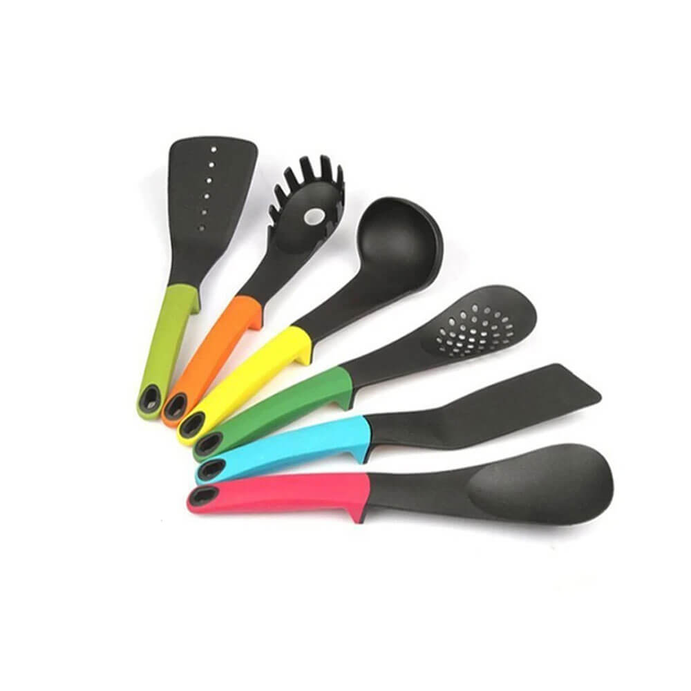 A vibrant kitchen utensil set featuring six tools: spatula, slotted spoon, pasta server, ladle, solid spoon, and slotted turner, ideal for cooking tasks.