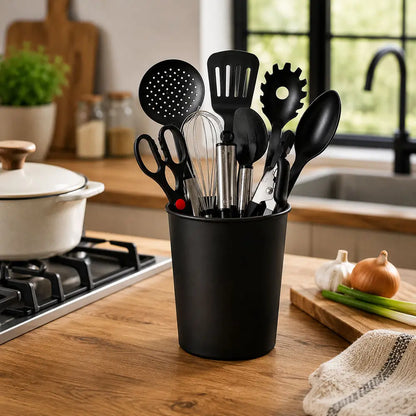 Kitchen utensil sets stored in a countertop holder with cooking tools displayed in a home kitchen setting.