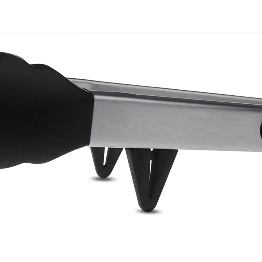 Silicone tongs with stainless steel arms and built-in stand to keep tips elevated. Heat-resistant kitchen tool safe for nonstick cookware.