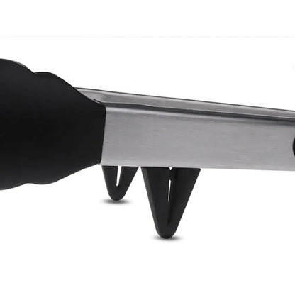Silicone tongs with stainless steel arms and built-in stand to keep tips elevated. Heat-resistant kitchen tool safe for nonstick cookware.