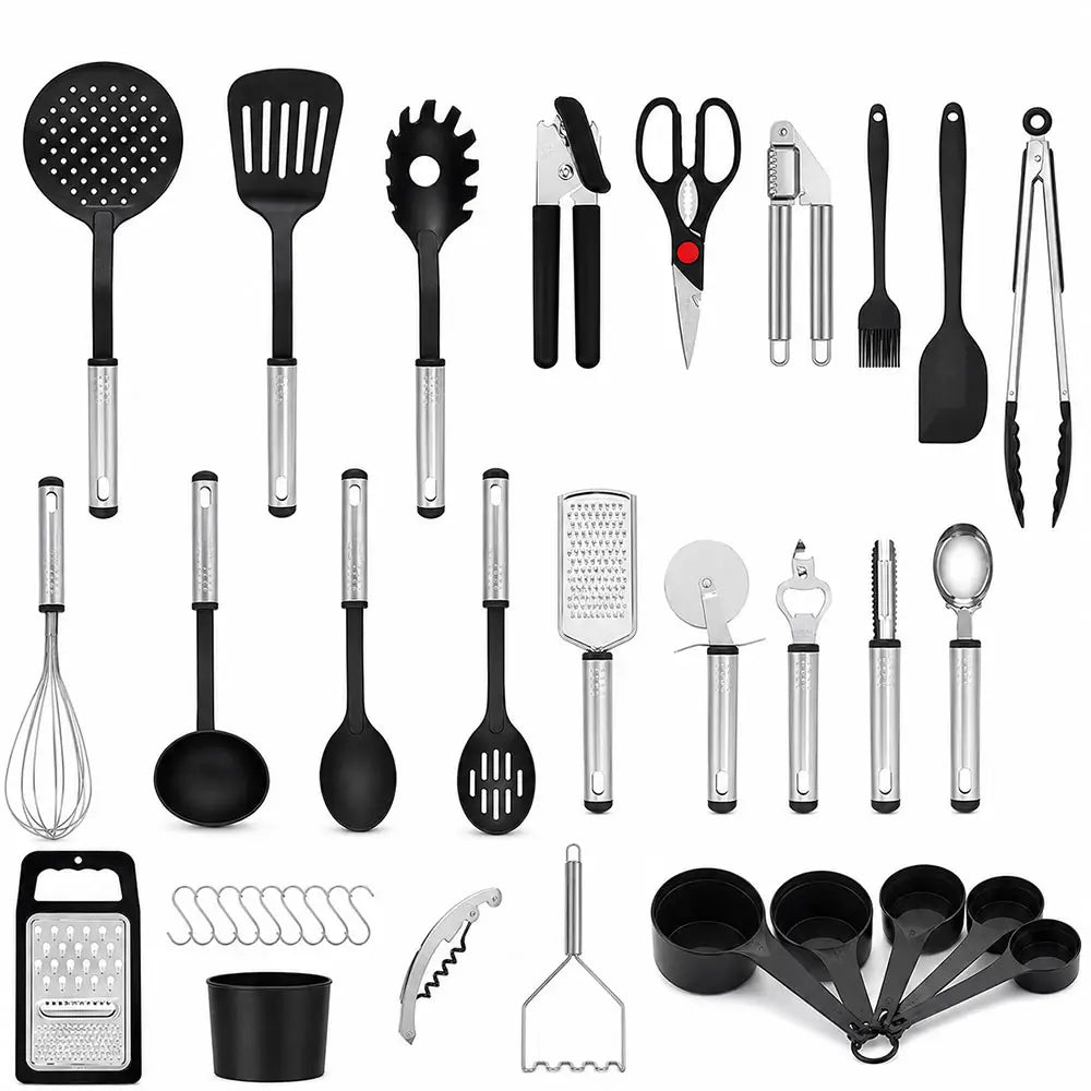 Kitchen utensils set with cooking tools, measuring cups, grater, whisk, tongs, scissors, and food prep accessories.