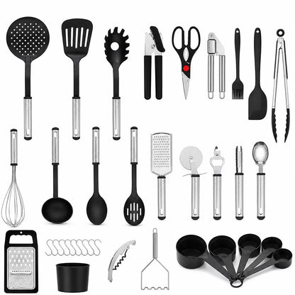 Kitchen utensils set with cooking tools, measuring cups, grater, whisk, tongs, scissors, and food prep accessories.