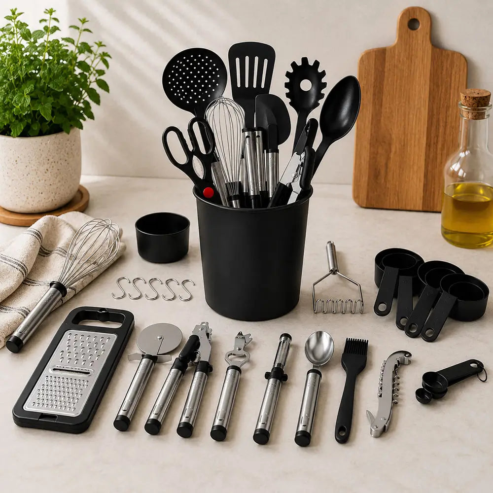 Kitchen utensils stainless steel set displayed with cooking tools, measuring cups, whisk, grater, and storage holder.