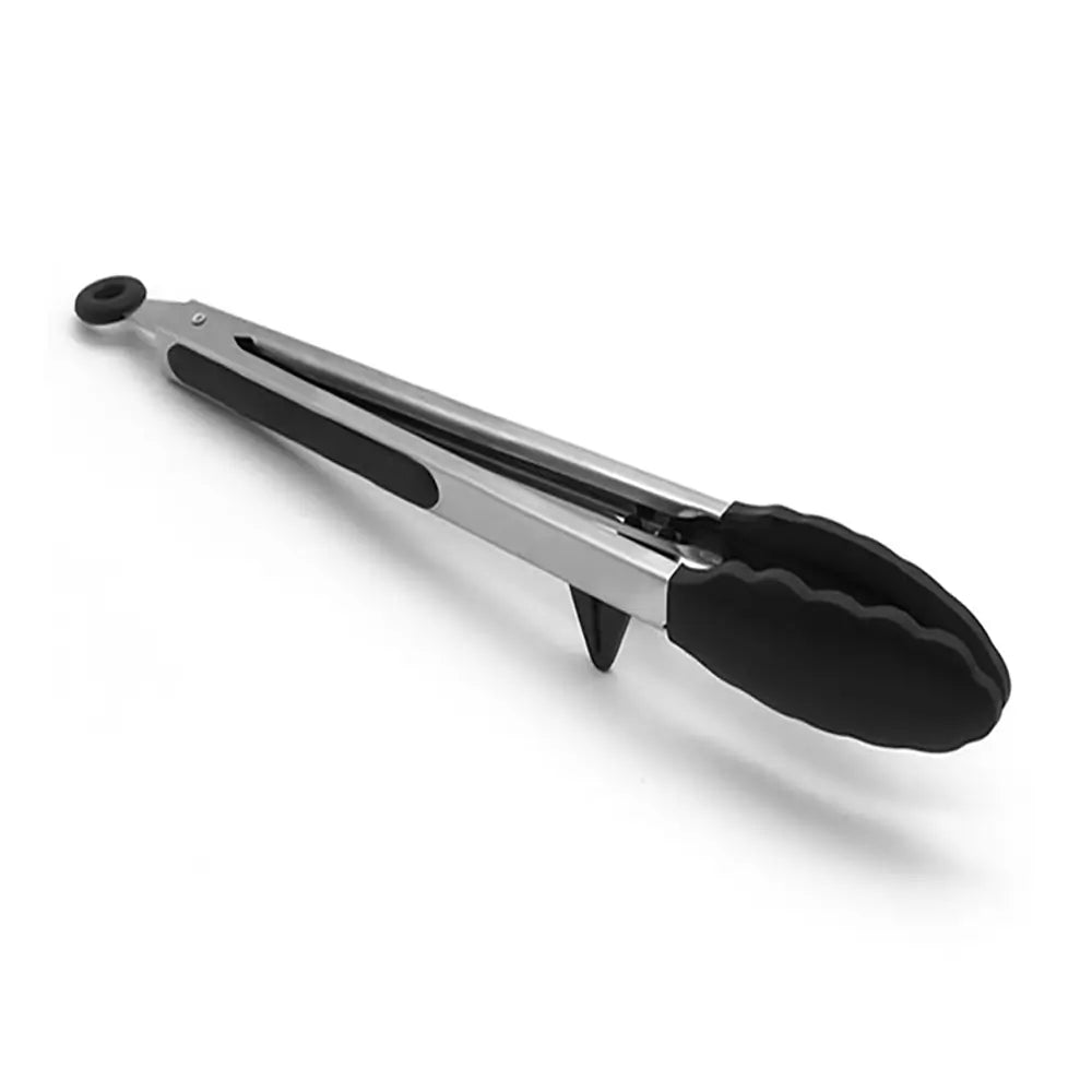 Silicone tongs with stainless steel handle and heat-resistant tips, featuring built-in stand to keep tips elevated and surfaces clean.