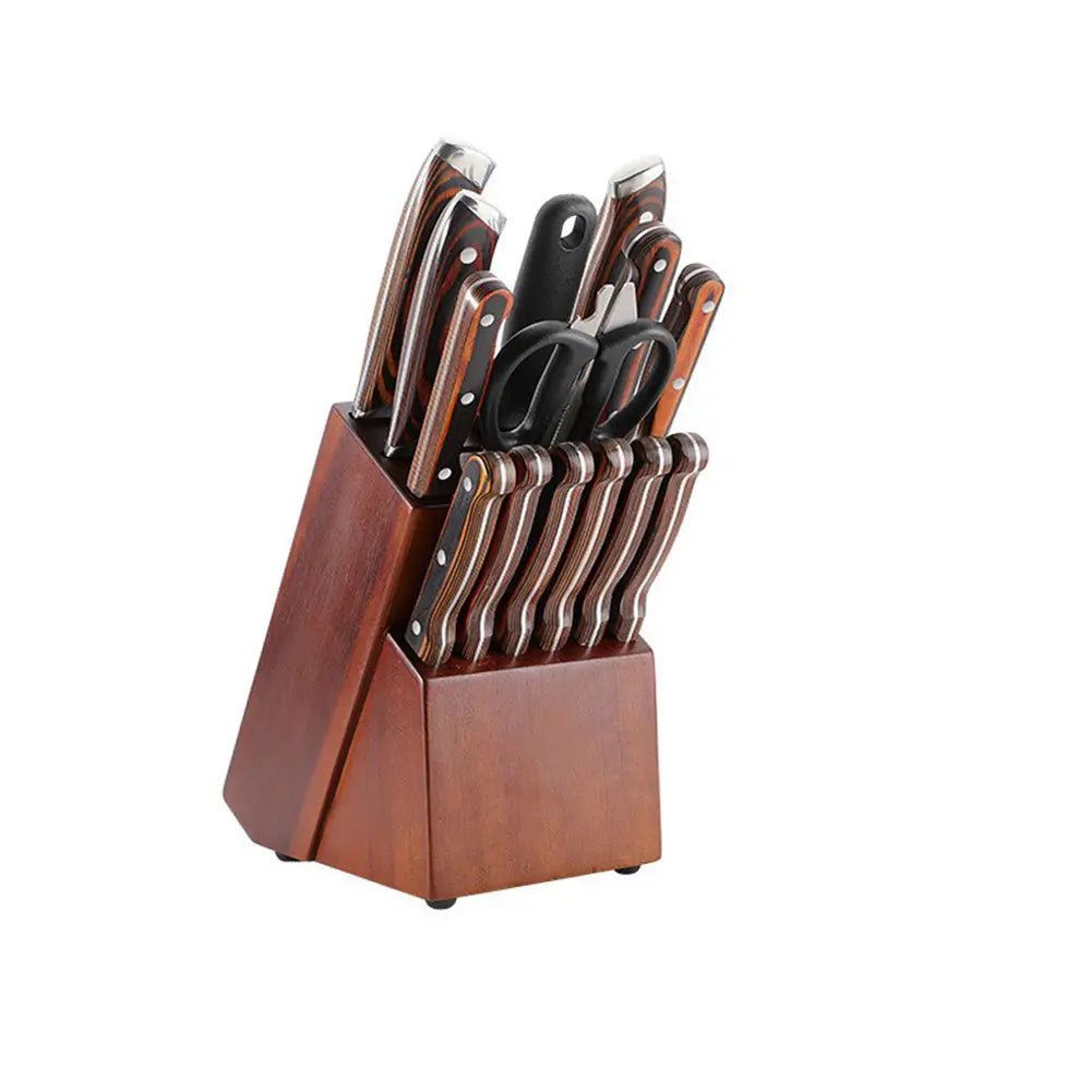 15-piece knife-block set on white background with stainless steel knives, kitchen shears, and sharpening steel in wooden block.