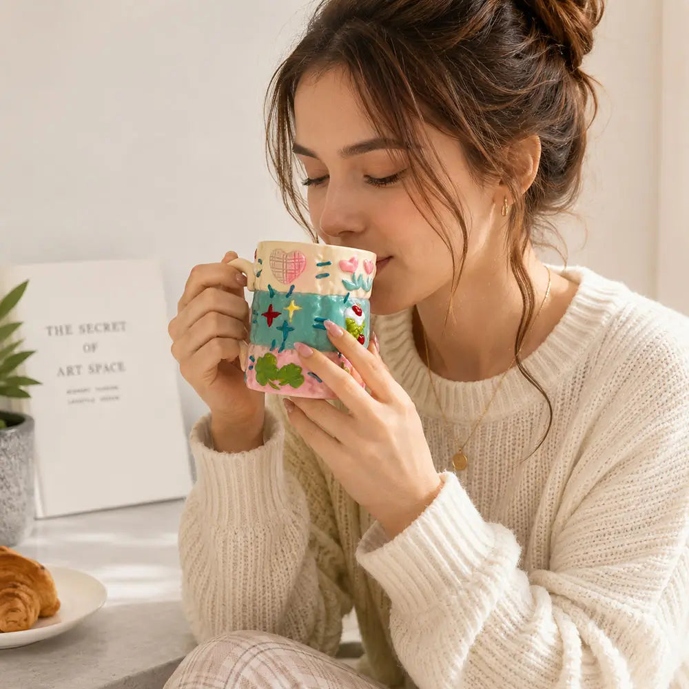 Woman holding a colorful ceramic latte mug with raised decorative details while enjoying a warm drink in a cozy kitchen setting.