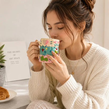 Woman holding a colorful ceramic latte mug with raised decorative details while enjoying a warm drink in a cozy kitchen setting.