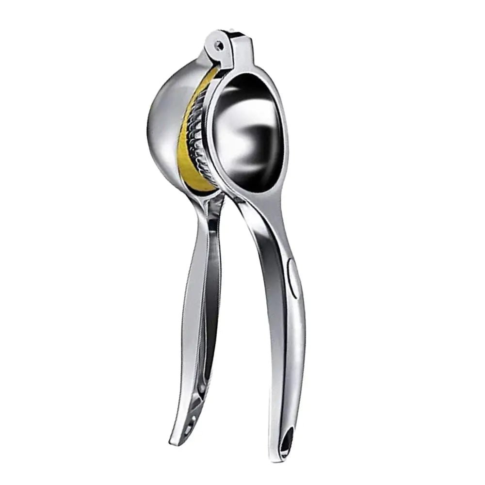 Stainless steel lemon squeezer with sturdy handles holding a lemon half, designed for efficient juice extraction.