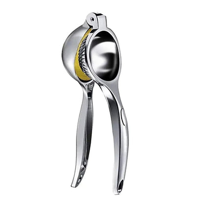Stainless steel lemon squeezer with sturdy handles holding a lemon half, designed for efficient juice extraction.