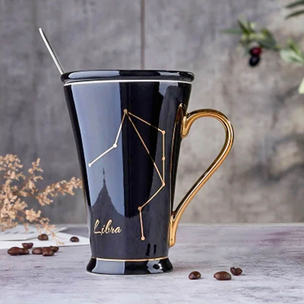 Elegant black Libra zodiac mug with a golden handle, featuring a refined Libra constellation design and stylish lettering, perfect for astrology enthusiasts and zodiac collectors.