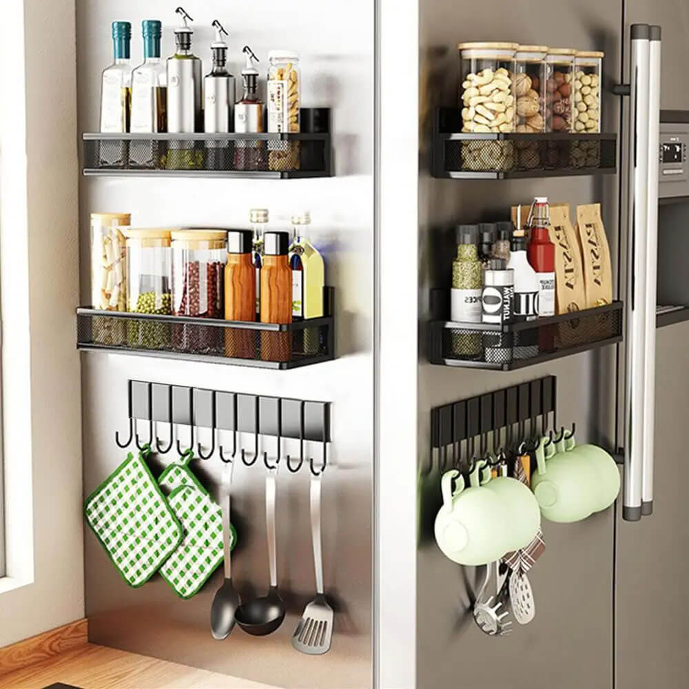 Magnet kitchen storage rack with shelves and hooks, holding spices, jars, utensils, and mugs for easy access.