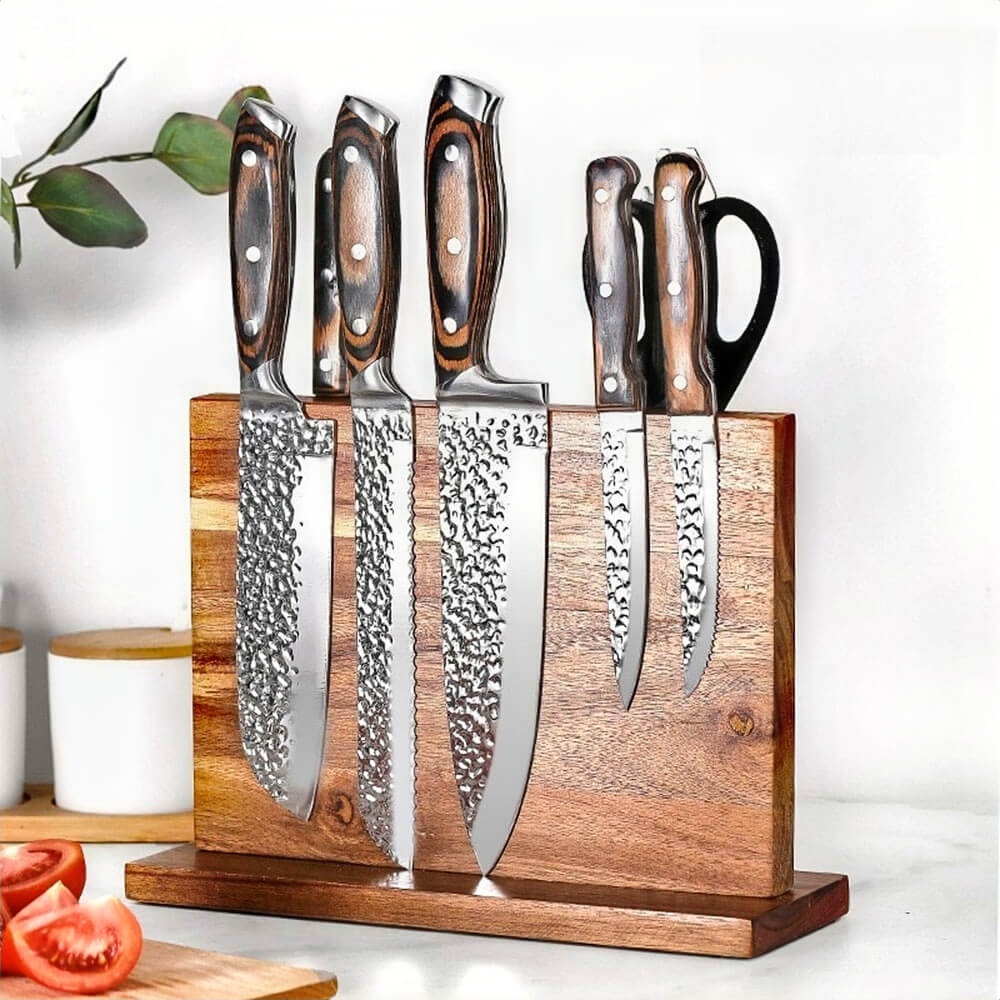 Magnetic knife block holding multiple kitchen knives with wooden handles, featuring strong magnetic force and stable wooden base.