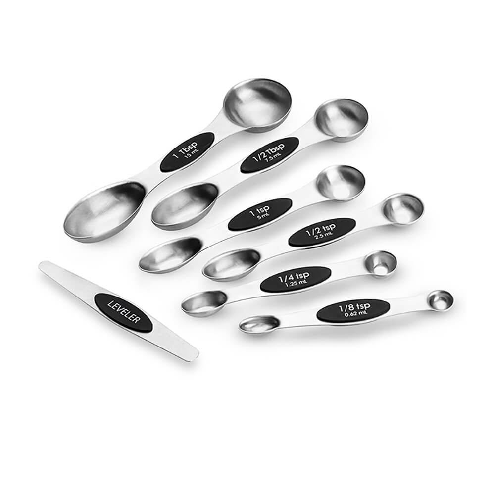 A complete set of magnetic measuring spoons made of stainless steel, featuring dual-sided designs for liquids and dry ingredients, along with a leveler tool.