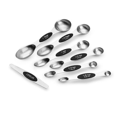 A complete set of magnetic measuring spoons made of stainless steel, featuring dual-sided designs for liquids and dry ingredients, along with a leveler tool.