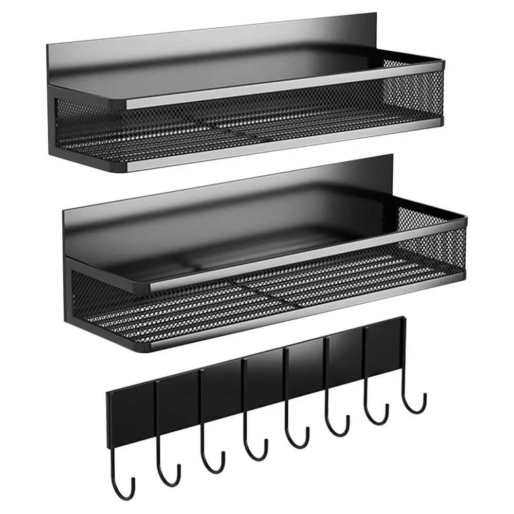 Magnetic storage rack set with two metal mesh shelves and hooks, ideal for kitchen organization.